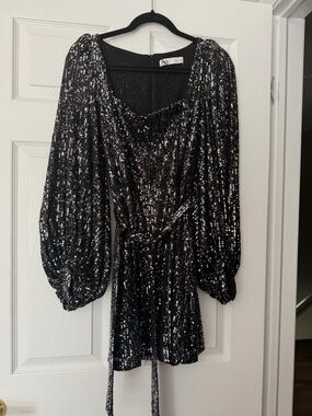 Zara Black Sequin Mini Dress with Puff Sleeves